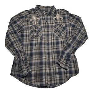 Y2K Pop Icon Clothing Grunge Pearl Snap Plaid Casual Long Sleeve‎ Shirt Men's M
